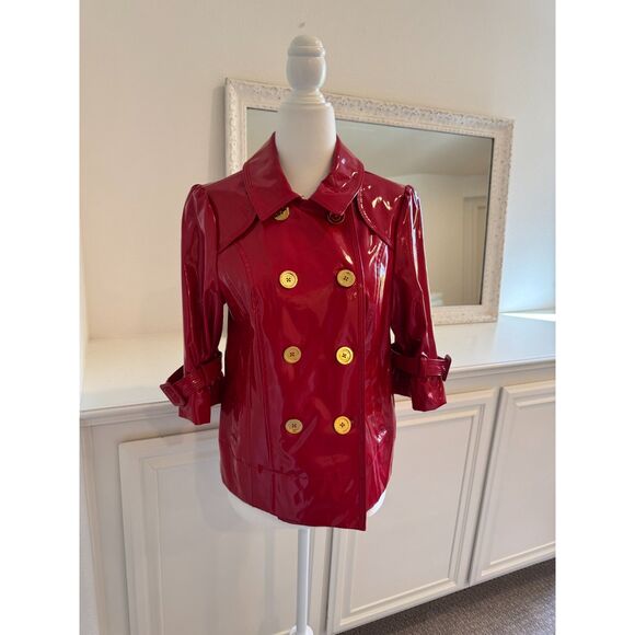 Juicy Couture Red Faux Patent Leather Double Breasted Rain Coat Size Medium - Picture 5 of 8
